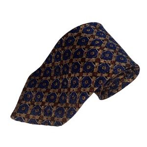 RICHEL Hand Made in Spain Men's Necktie Blue‎ Brown Geometric Pattern